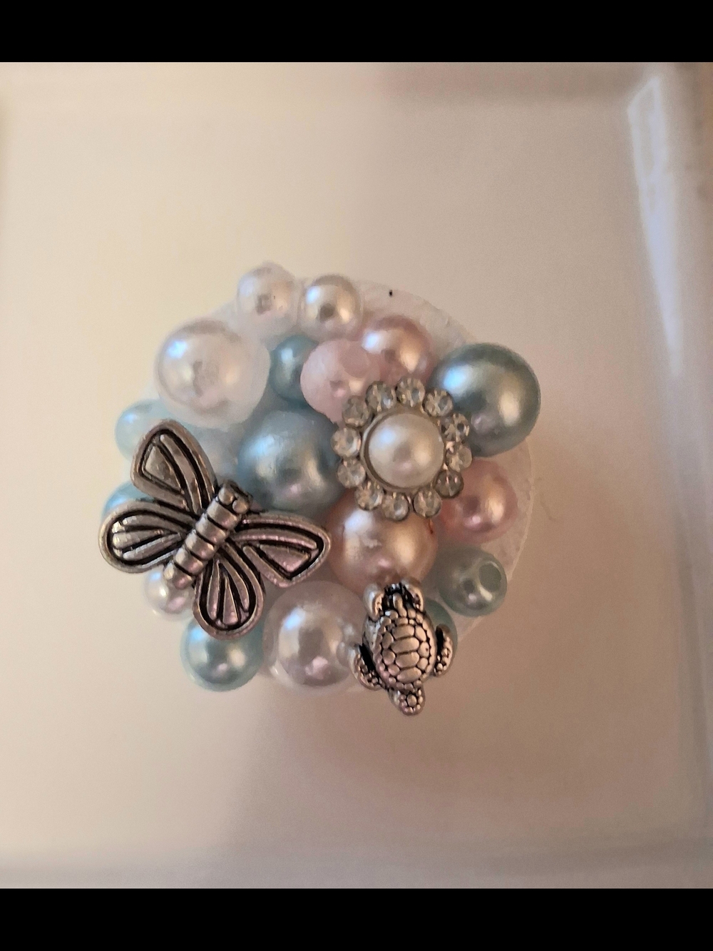 9 Pearl Cluster Ring with Butterfly & Turtle Accents - Pastel Blue, Pink, White